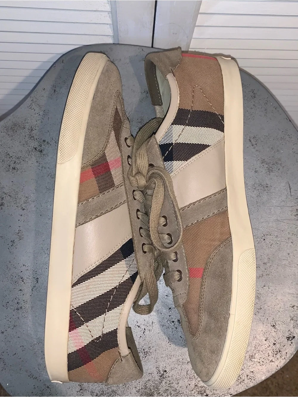 Burberry Nova Check Low Top Sneakers Suede Canvas Tan Brown Plaid Size 45/12